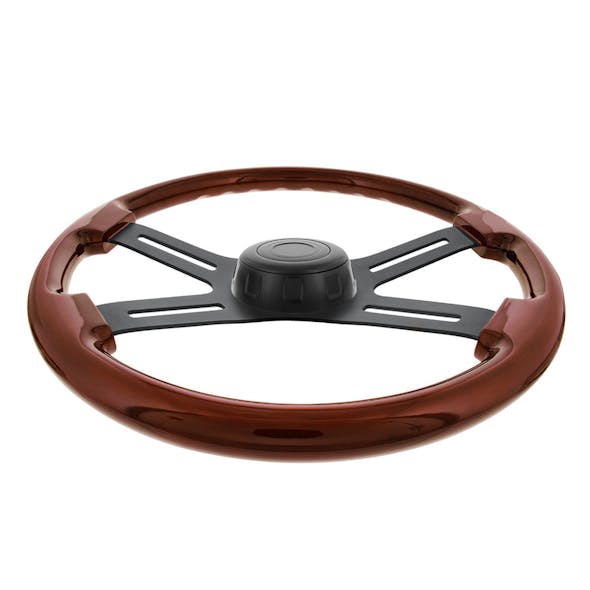 18"Matte Black 4 Spoke Steering Wheel With Wood Grain-Side