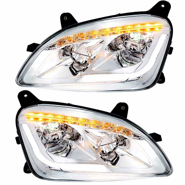 Peterbilt 579 587 Chrome LED Headlight With Sequential LED Turn Signal - On