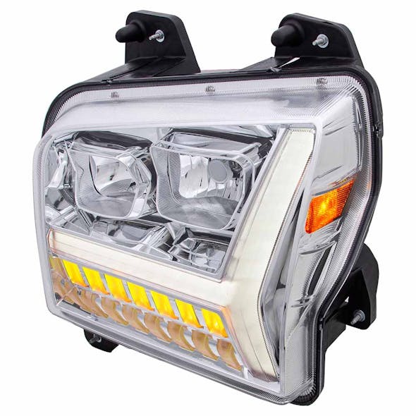 Kenworth W990 Chrome Headlights With LED DRL Light Bar & Turn Signal - Lights on