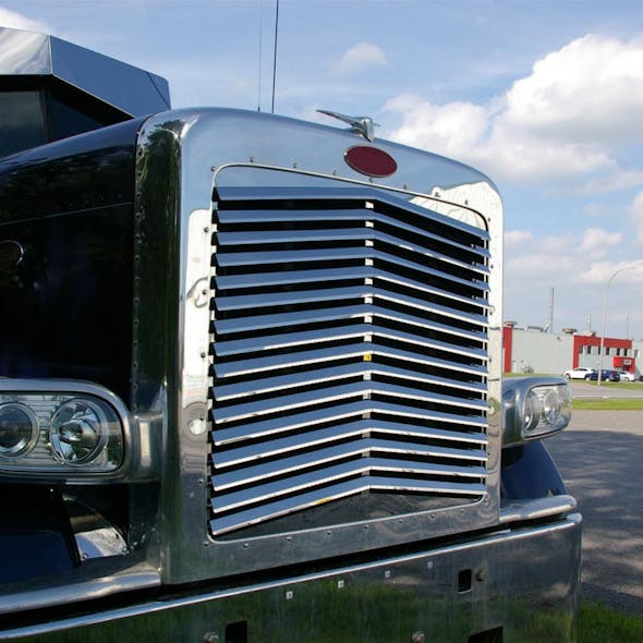 Peterbilt 389 Stainless Steel Angled Louvered Replacement Grill On Truck Side View