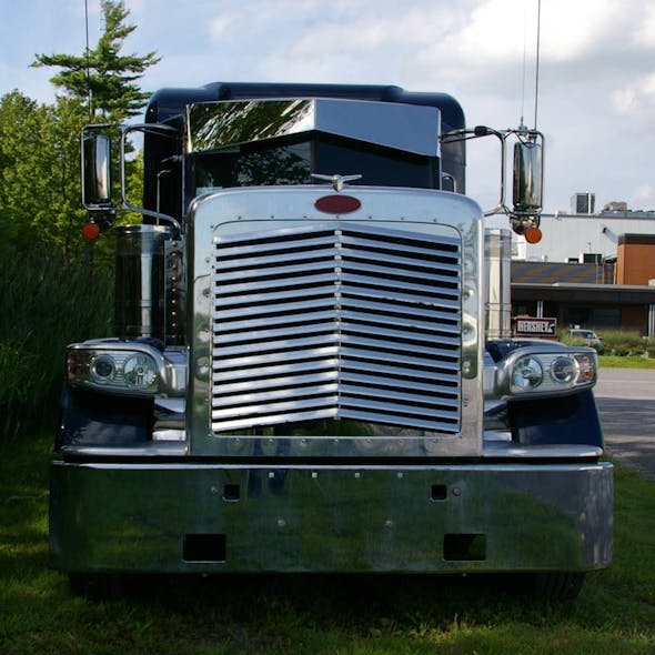Peterbilt 389 Stainless Steel Angled Louvered Replacement Grill On Truck Front View