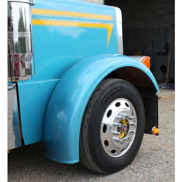 Peterbilt 379 359 Front Fenders with 3.5" Lip By Talladega Fiberglass - rear angle of mounted fender