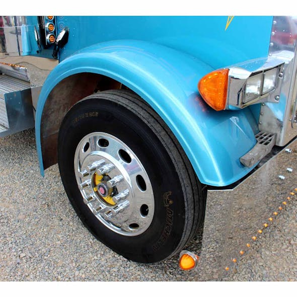 Peterbilt 379 359 Front Fenders with 3.5" Lip By Talladega Fiberglass - front angle of mounted fender