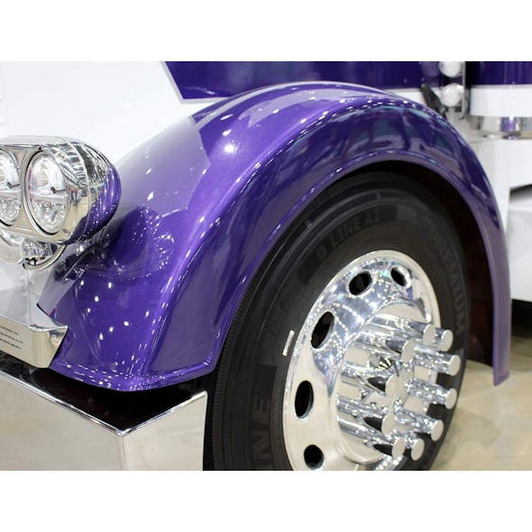 Peterbilt 379 378 359 Front Fender with 6" Lip By Talladega Fiberglass - Front angle view of mounted fender