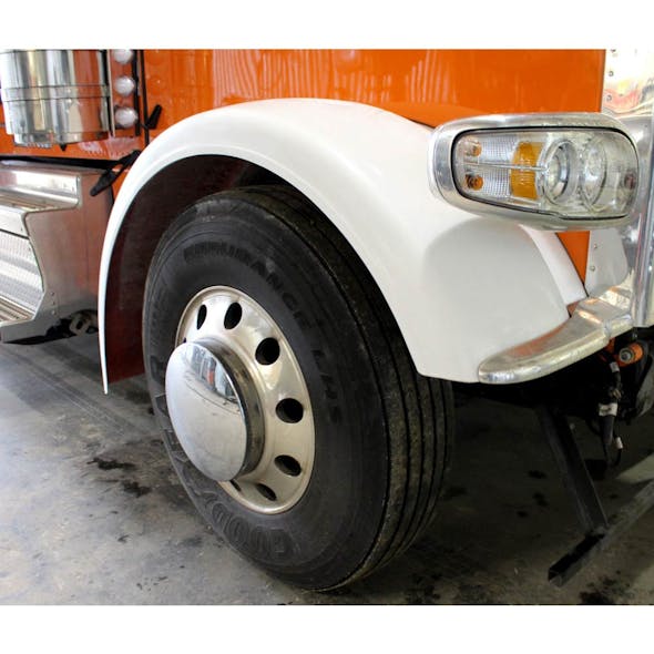 Peterbilt 389 Front Fender with 3.5" Lip By Talladega Fiberglass - front angle of mounted fender