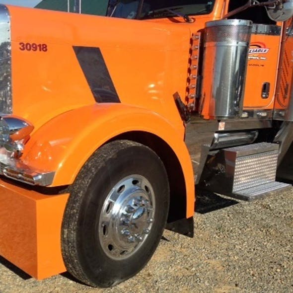 Peterbilt 389 Front Fender with 6" Lip By Talladega Fiberglass - front angle of mounted fender