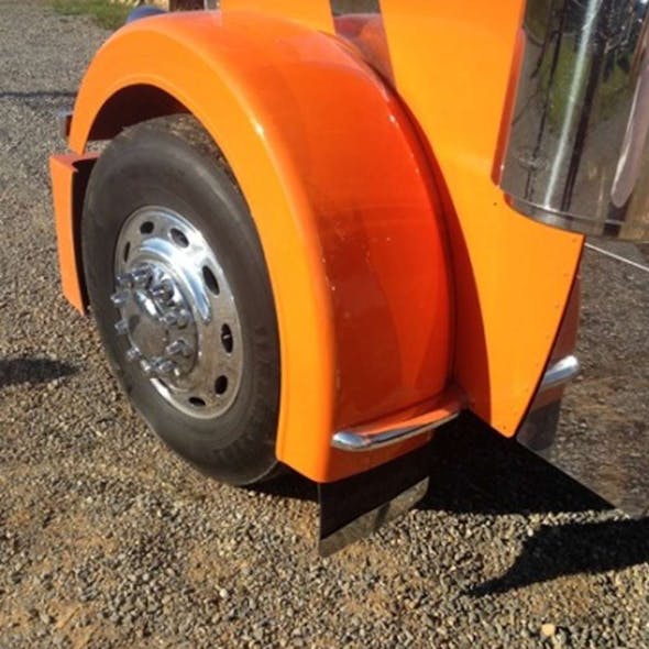 Peterbilt 389 Front Fender with 6" Lip By Talladega Fiberglass - rear angle of mounted fender