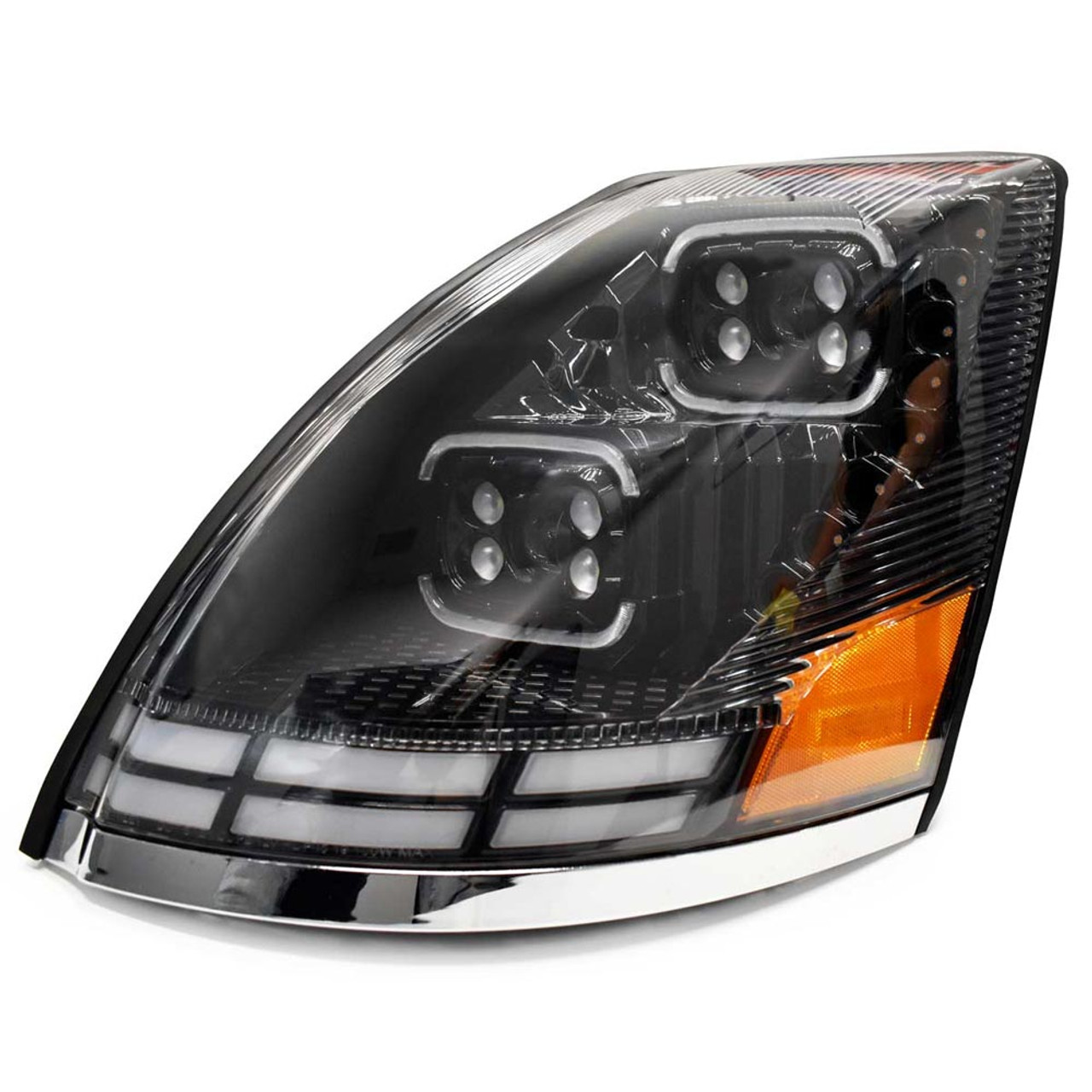 Volvo VNL VT 2004-2018 Full LED Black Projection Headlight With Halo Ring  And Sequential Turn Signal